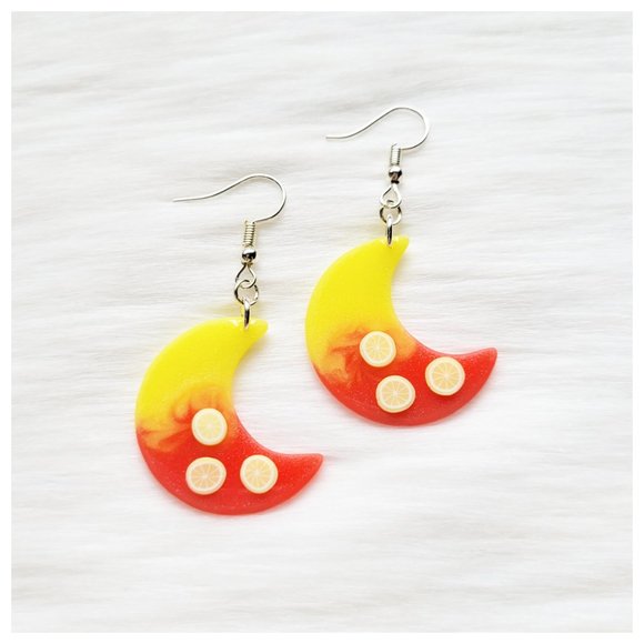 Strawberry Lemonade Earrings Yellow and Pinkish Red Moon Lemon Dangle Earrings - Picture 10 of 10
